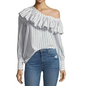 PAIGE Asymmetrical Ruffled Blouse White and Blue 100% cotton